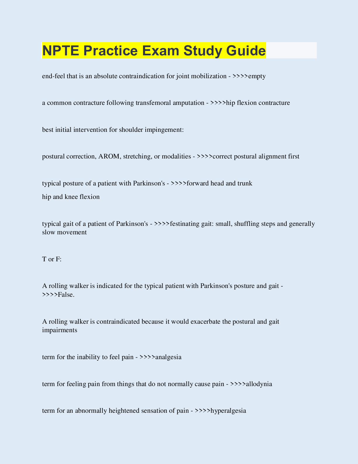 Preview of NPTE Practice Exam Study Guide